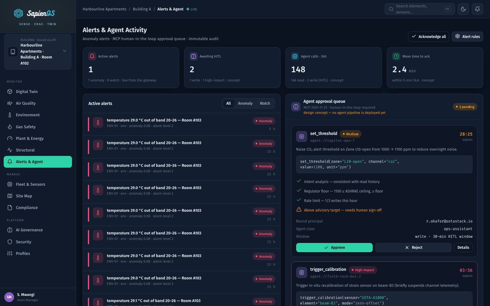 SapienOS alerts and agent console design concept: anomaly alert list beside an AI-agent approval queue with human-in-the-loop approve and reject actions