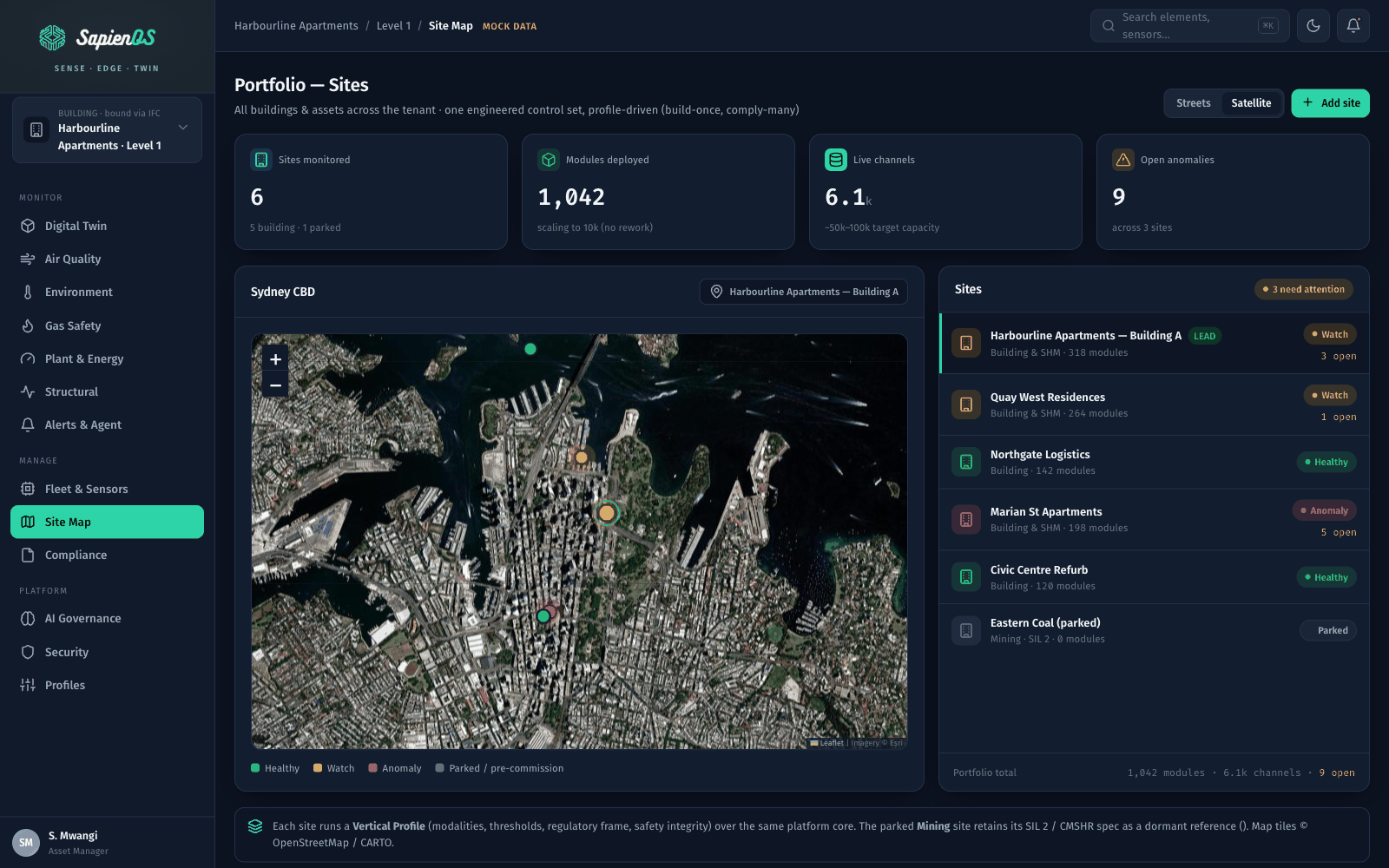 Design concept of the SapienOS multi-site portfolio view, showing monitored sites and their condition state on a map